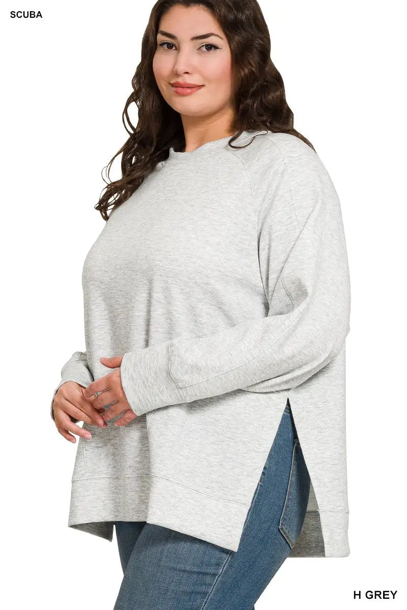 Zenana Zenana Plus Scuba Round Neck Pullover with Side Slits - Sweatshirts Zenana Plus Scuba Round Neck Pullover with Side Slits