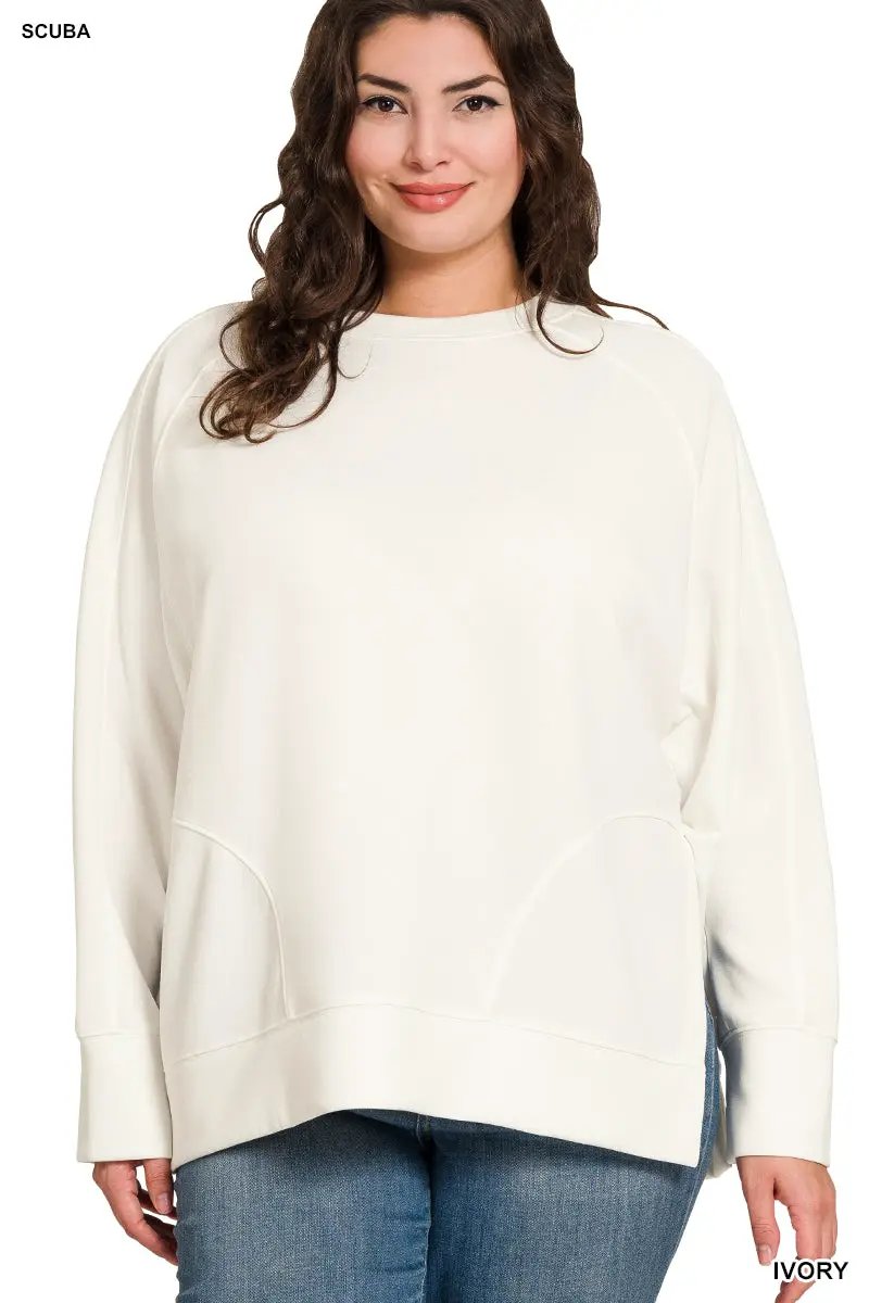Zenana Zenana Plus Scuba Round Neck Pullover with Side Slits - Sweatshirts Zenana Plus Scuba Round Neck Pullover with Side Slits