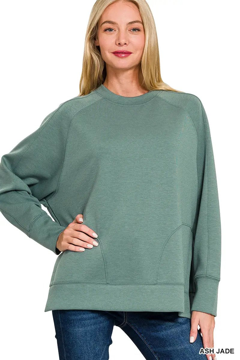 Zenana Zenana Scuba Round Neck Pullover with Side Slits - Sweatshirts Zenana Scuba Round Neck Pullover with Side Slits