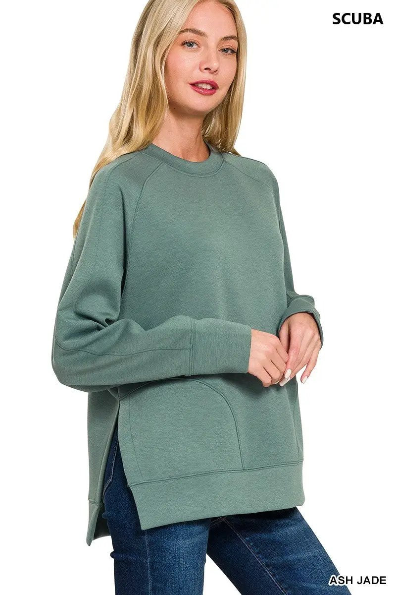 Zenana Zenana Scuba Round Neck Pullover with Side Slits - Sweatshirts Zenana Scuba Round Neck Pullover with Side Slits
