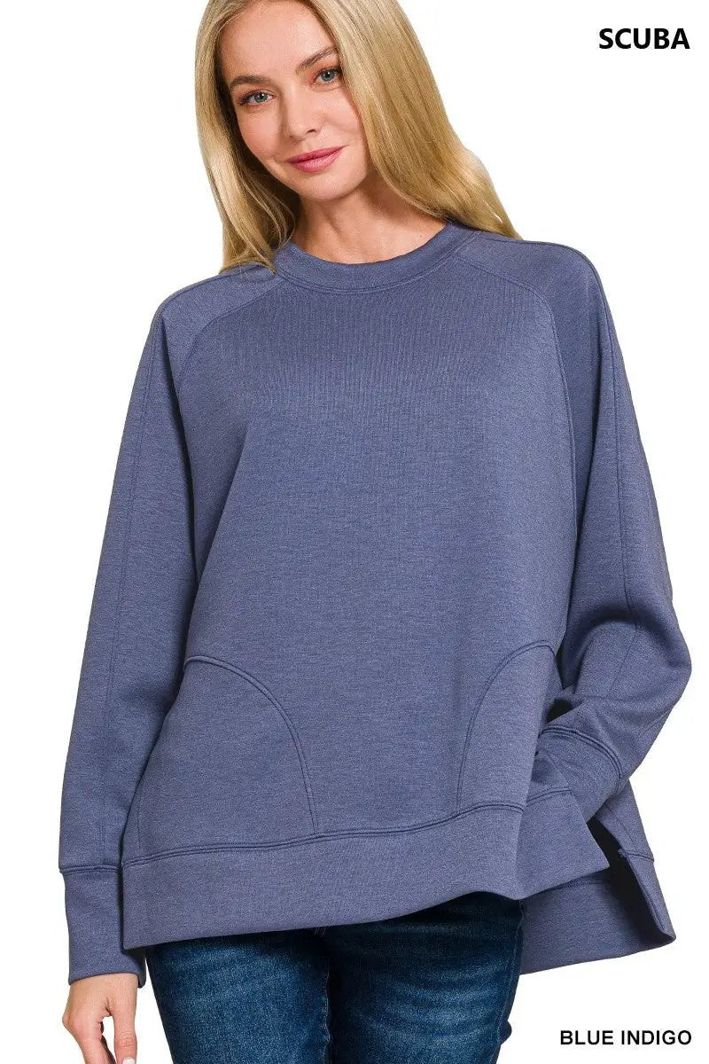 Zenana Zenana Scuba Round Neck Pullover with Side Slits - Sweatshirts Zenana Scuba Round Neck Pullover with Side Slits