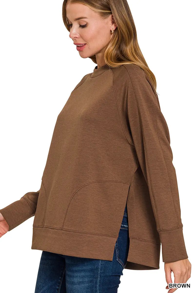 Zenana Zenana Plus Scuba Round Neck Pullover with Side Slits - Sweatshirts Zenana Plus Scuba Round Neck Pullover with Side Slits