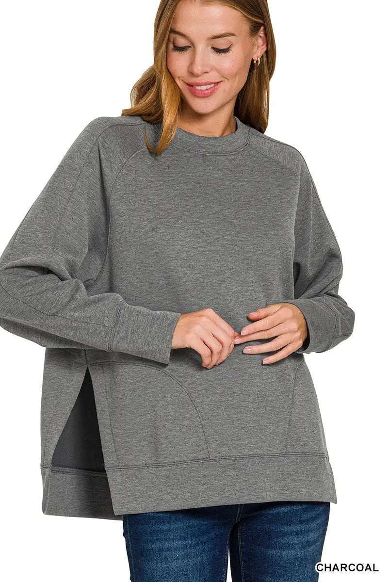 Zenana Zenana Plus Scuba Round Neck Pullover with Side Slits - Sweatshirts Zenana Plus Scuba Round Neck Pullover with Side Slits