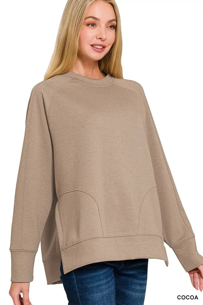 Zenana Zenana Scuba Round Neck Pullover with Side Slits - Sweatshirts Zenana Scuba Round Neck Pullover with Side Slits