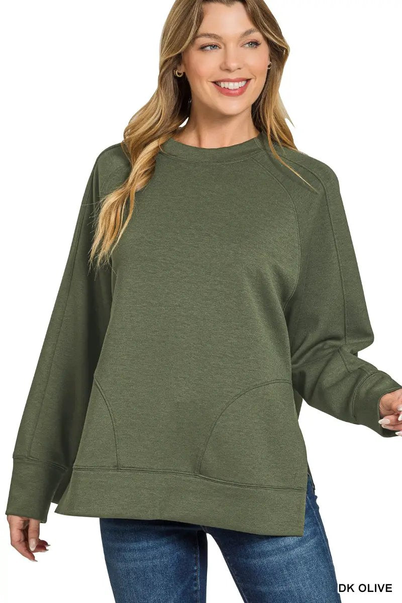 Zenana Zenana Plus Scuba Round Neck Pullover with Side Slits - Sweatshirts Zenana Plus Scuba Round Neck Pullover with Side Slits