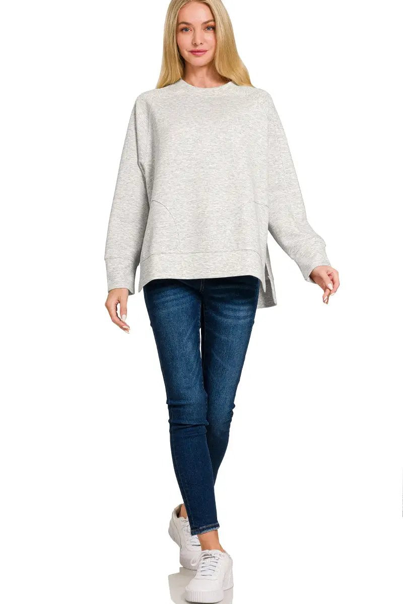 Zenana Zenana Scuba Round Neck Pullover with Side Slits - Sweatshirts Zenana Scuba Round Neck Pullover with Side Slits