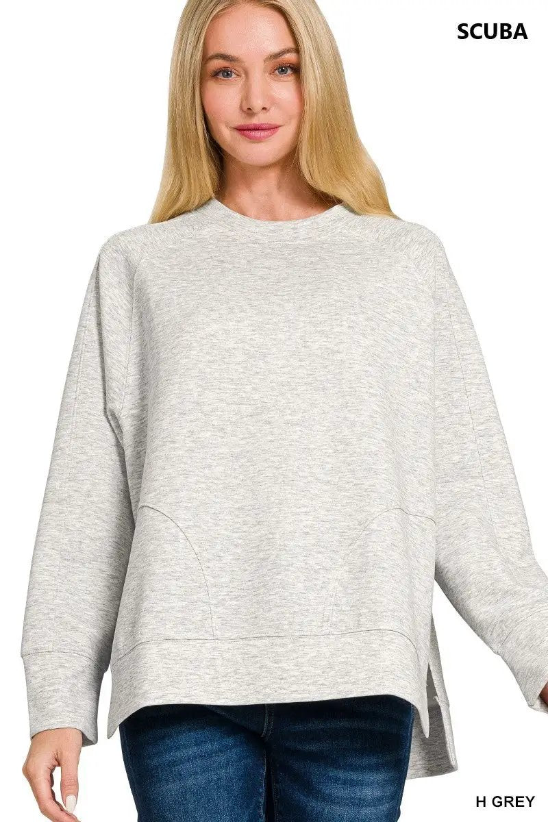 Zenana Zenana Scuba Round Neck Pullover with Side Slits - Sweatshirts Zenana Scuba Round Neck Pullover with Side Slits