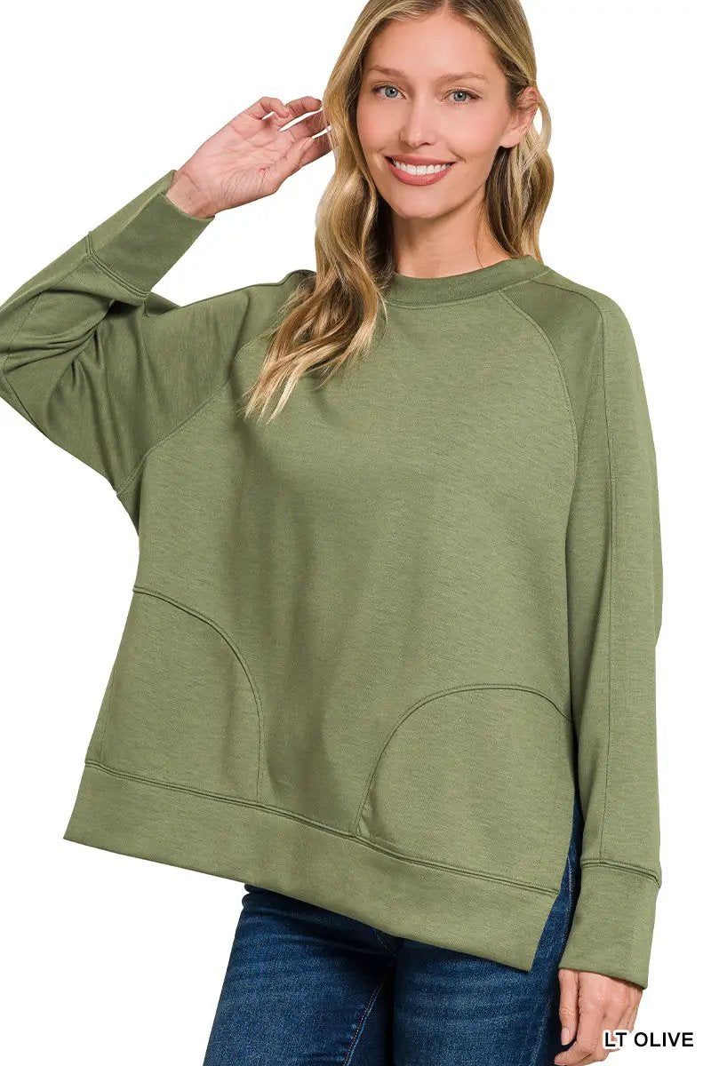 Zenana Zenana Plus Scuba Round Neck Pullover with Side Slits - Sweatshirts Zenana Plus Scuba Round Neck Pullover with Side Slits