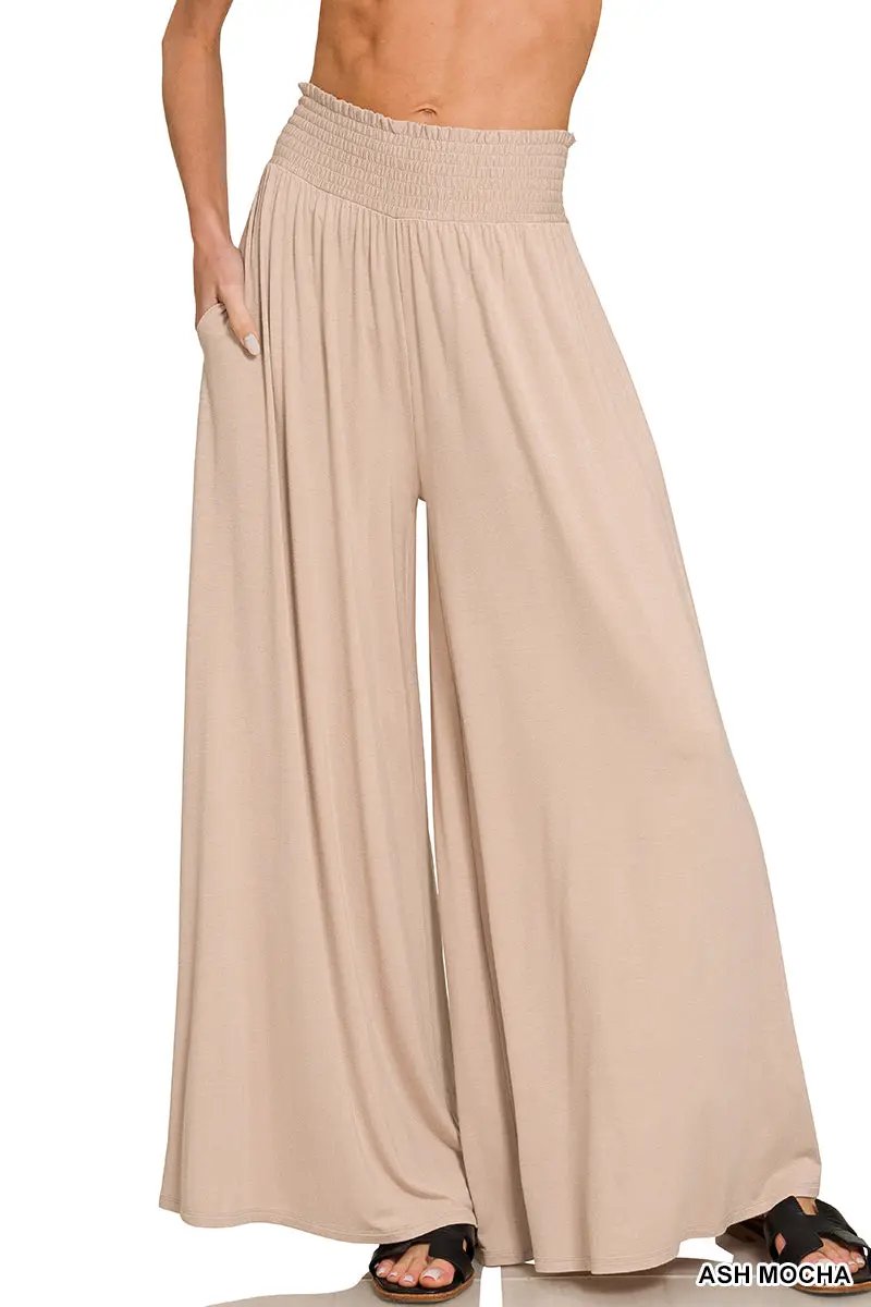 Zenana The Zenana Smocked Waist Wide Leg Palazzo Pants - Pants