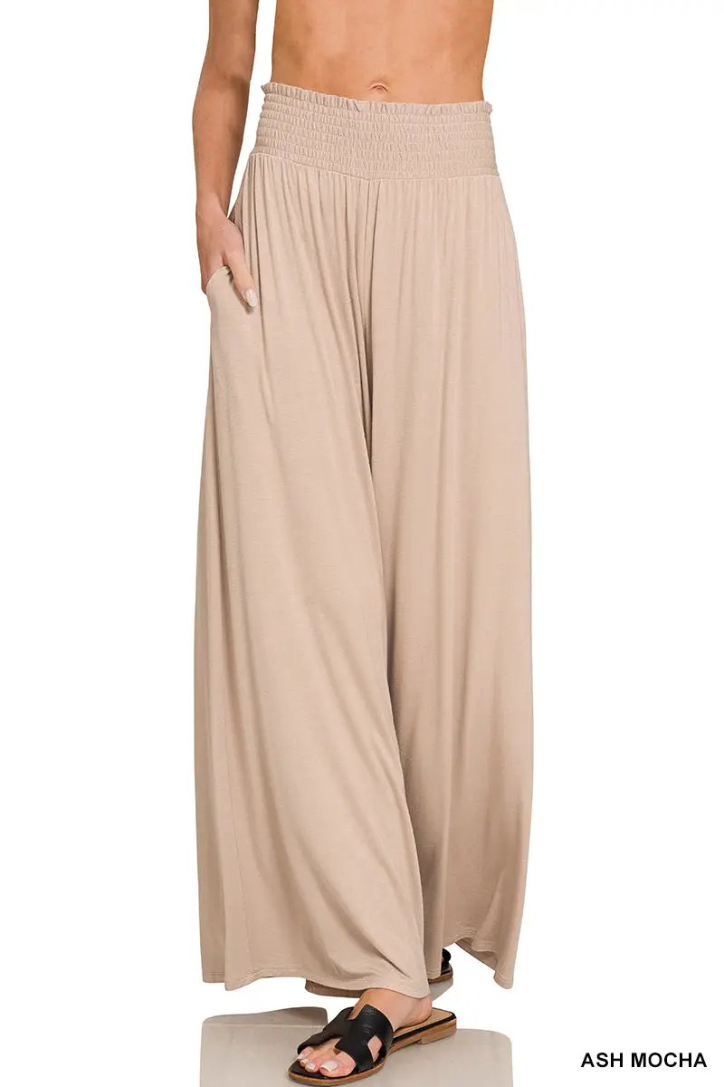 Zenana The Zenana Smocked Waist Wide Leg Palazzo Pants - Pants