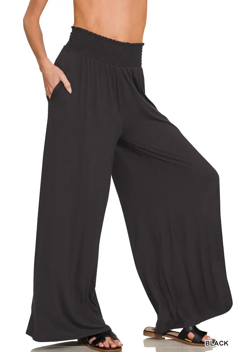 Zenana The Zenana Smocked Waist Wide Leg Palazzo Pants - Pants