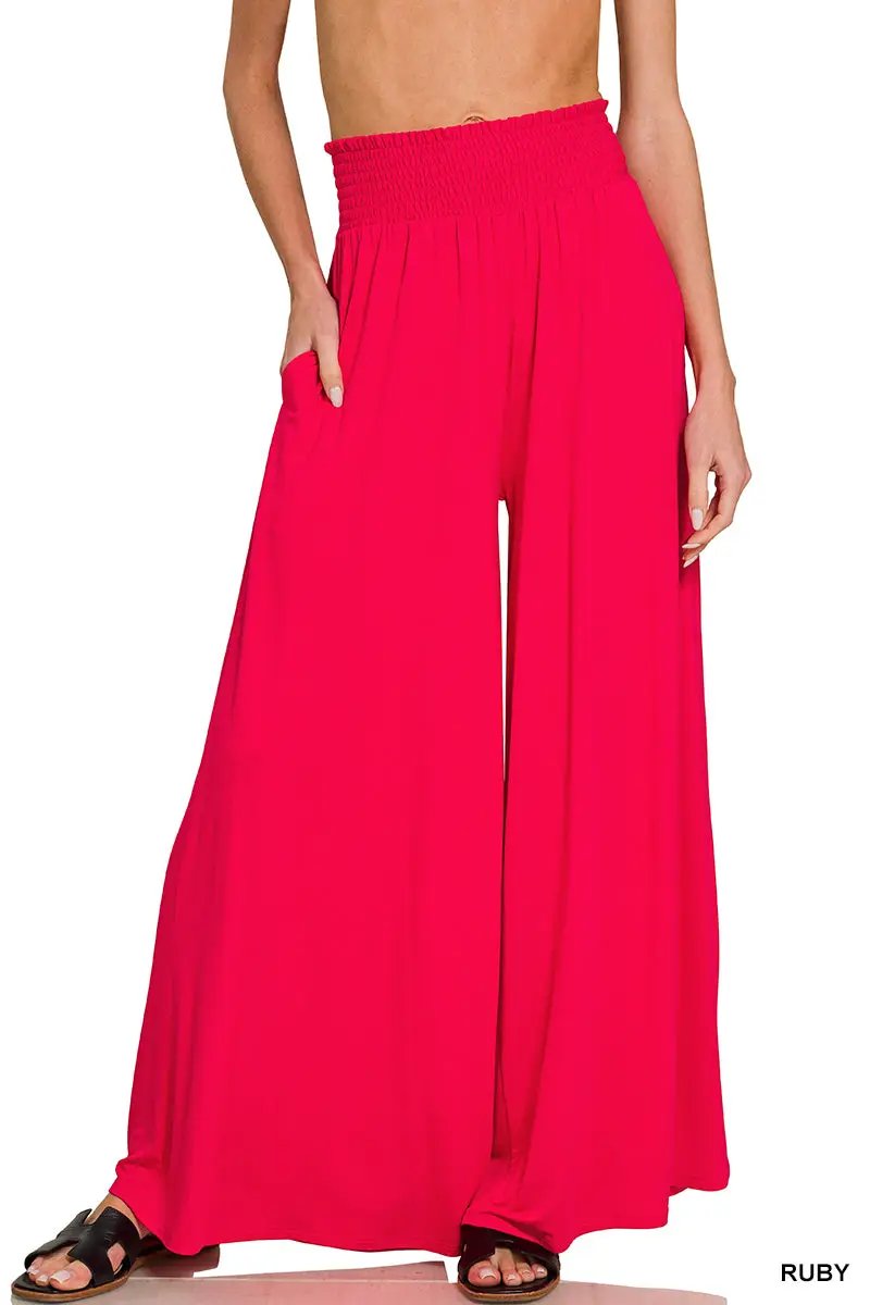 Zenana The Zenana Smocked Waist Wide Leg Palazzo Pants - Pants
