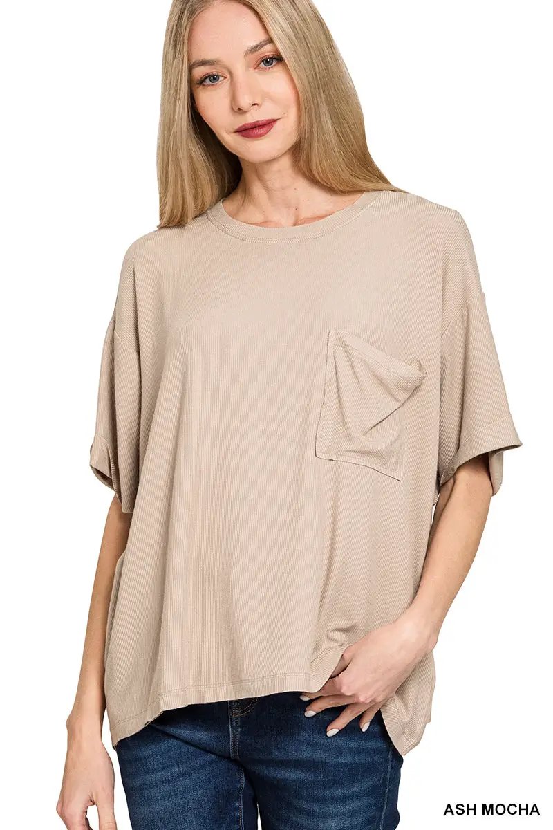 Zenana Zenana Oversized Ribbed Round Neck Short Sleeve Tee - T-Shirts Zenana Oversized Ribbed Round Neck Short Sleeve Tee
