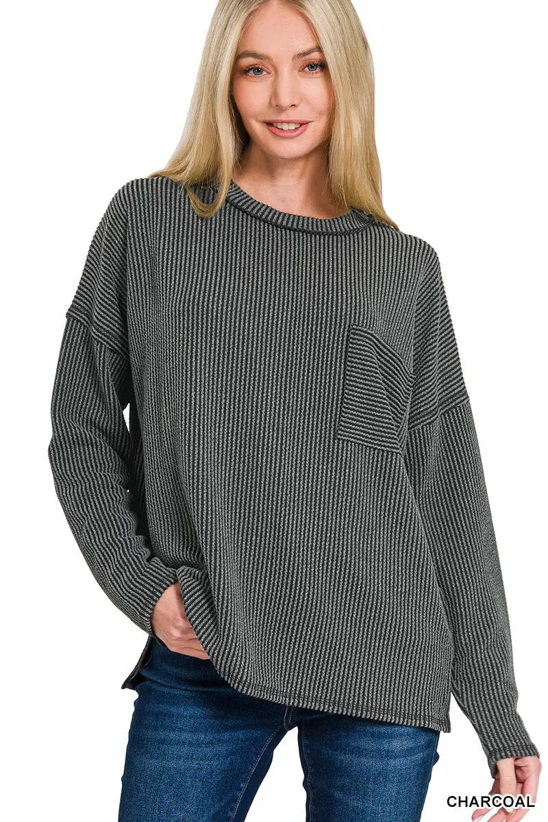 Zenana Zenana Raised Rib Long Sleeve Drop Shoulder Top - Sweaters Zenana Raised Rib Long Sleeve Drop Shoulder Top