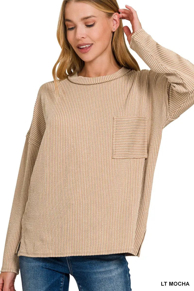 Zenana Zenana Raised Rib Long Sleeve Drop Shoulder Top - Sweaters Zenana Raised Rib Long Sleeve Drop Shoulder Top