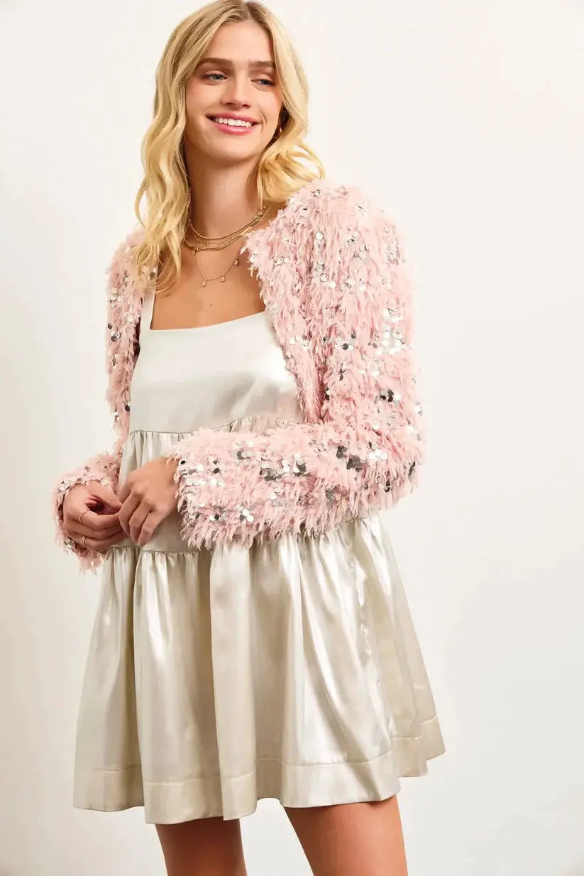 Mustard Seed Sequin Faux Feather Padded Shoulder Cropped Jacket - Bolero Jackets