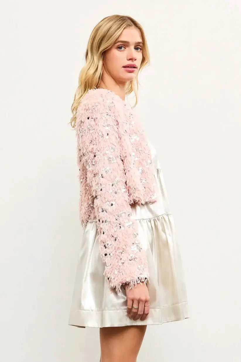 Mustard Seed Sequin Faux Feather Padded Shoulder Cropped Jacket - Bolero Jackets