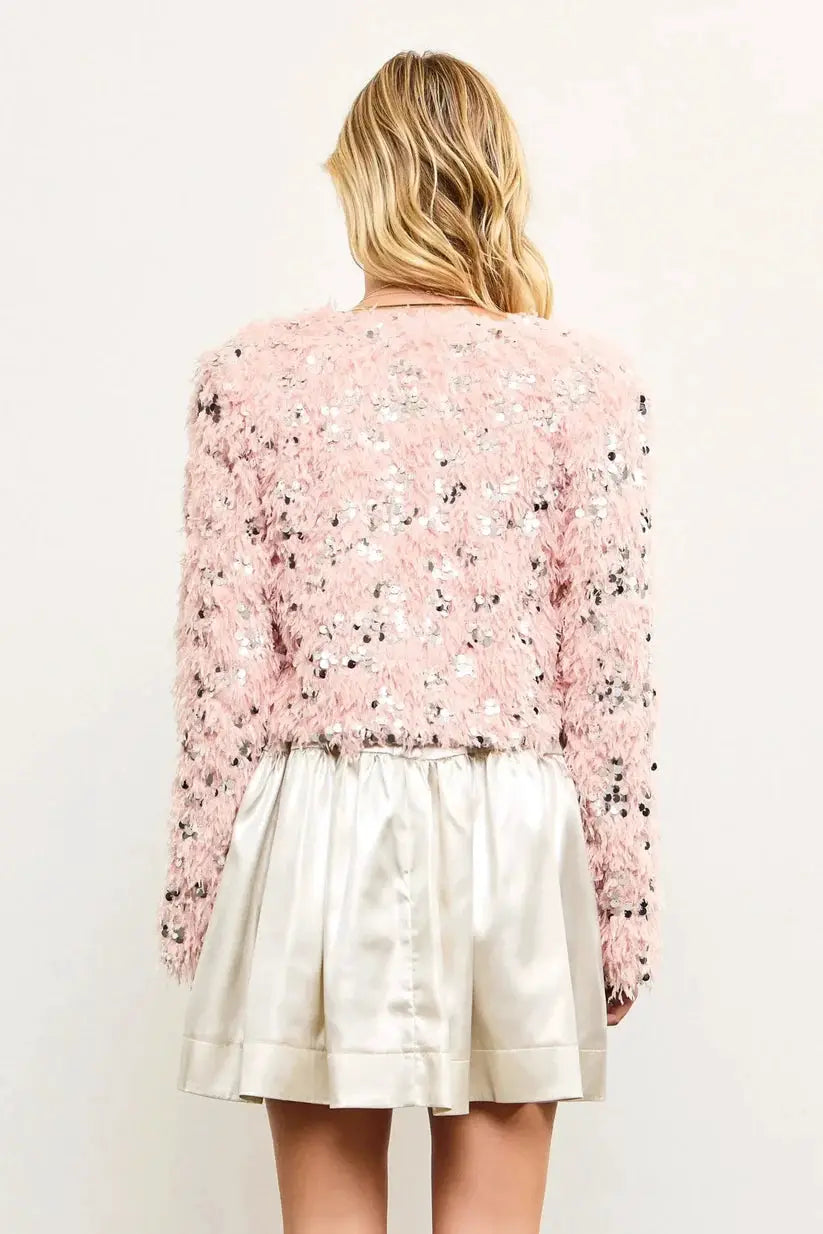 Mustard Seed Sequin Faux Feather Padded Shoulder Cropped Jacket - Bolero Jackets