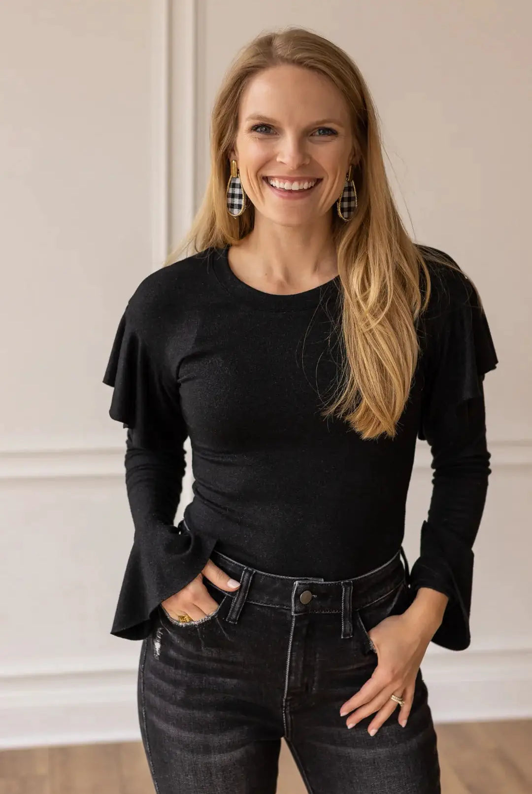 Grace & Emma Black Shimmer Bodysuit with Ruffle Shoulder Sleeve - Bodysuits