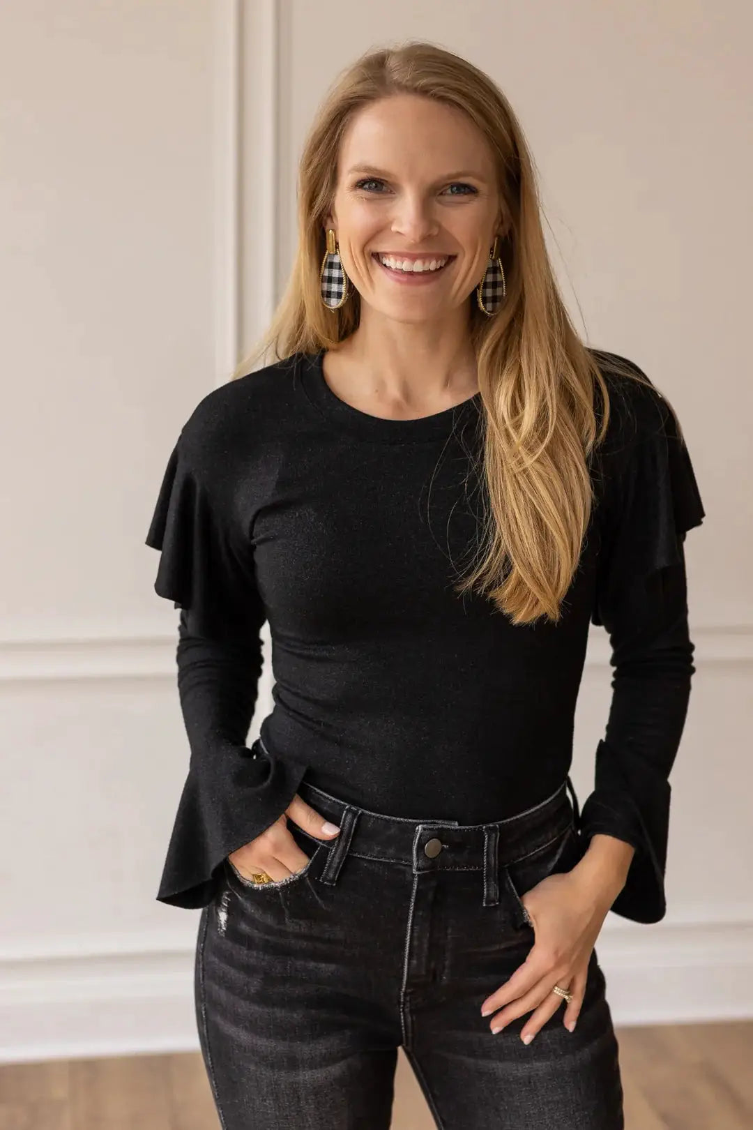 Grace & Emma Black Shimmer Bodysuit with Ruffle Shoulder Sleeve - Bodysuits