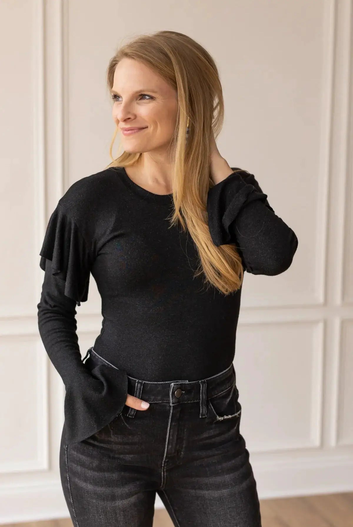 Grace & Emma Black Shimmer Bodysuit with Ruffle Shoulder Sleeve - Bodysuits