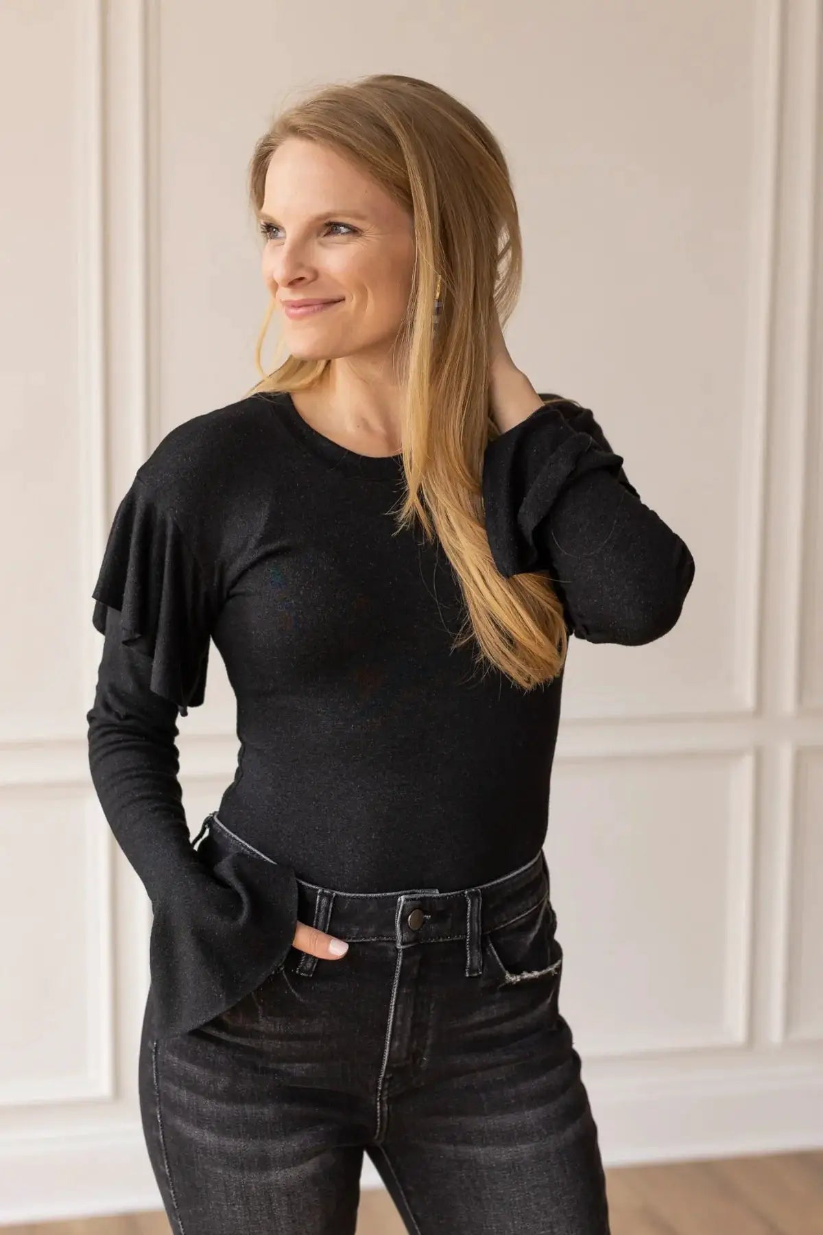 Grace & Emma Black Shimmer Bodysuit with Ruffle Shoulder Sleeve - Bodysuits