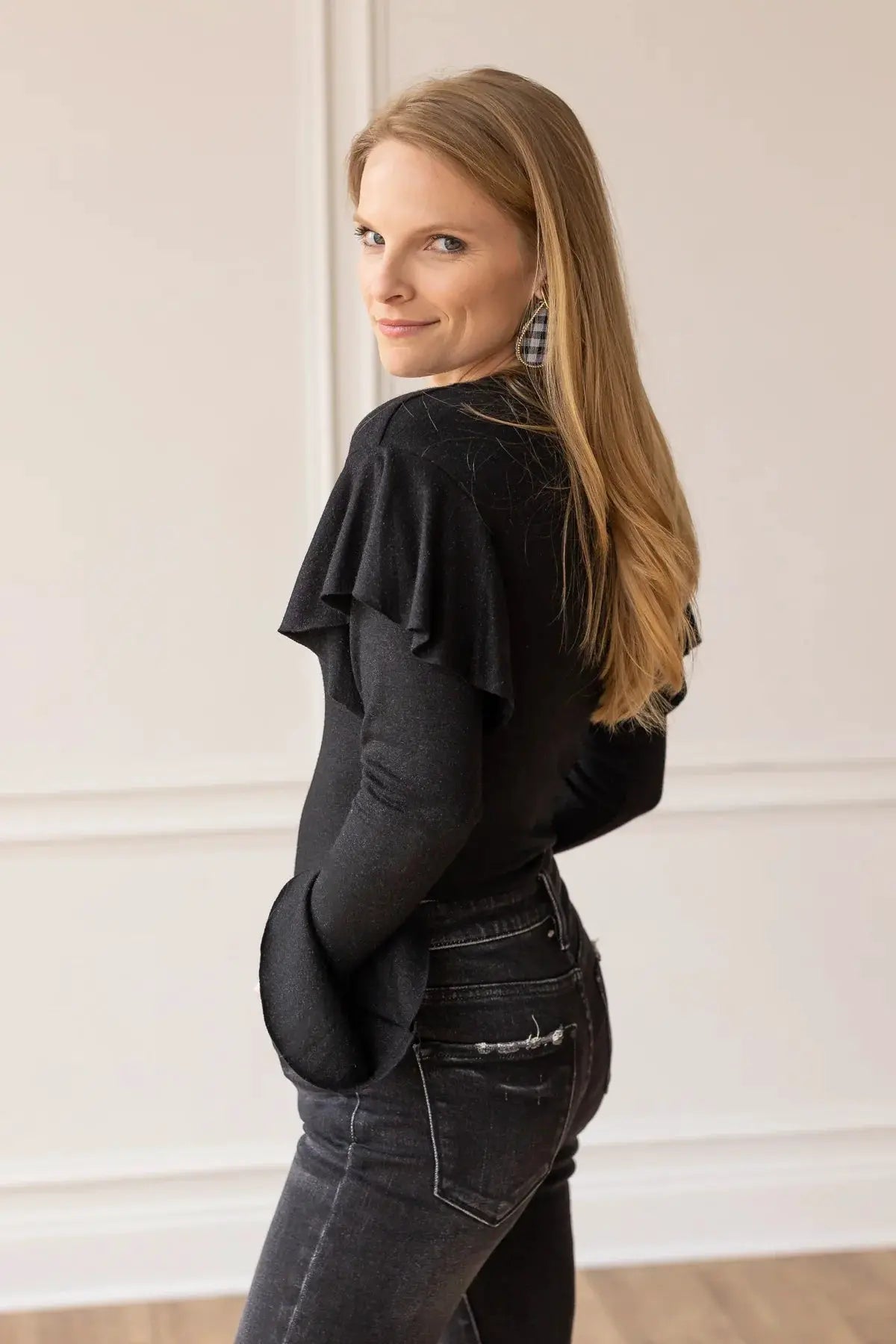 Grace & Emma Black Shimmer Bodysuit with Ruffle Shoulder Sleeve - Bodysuits