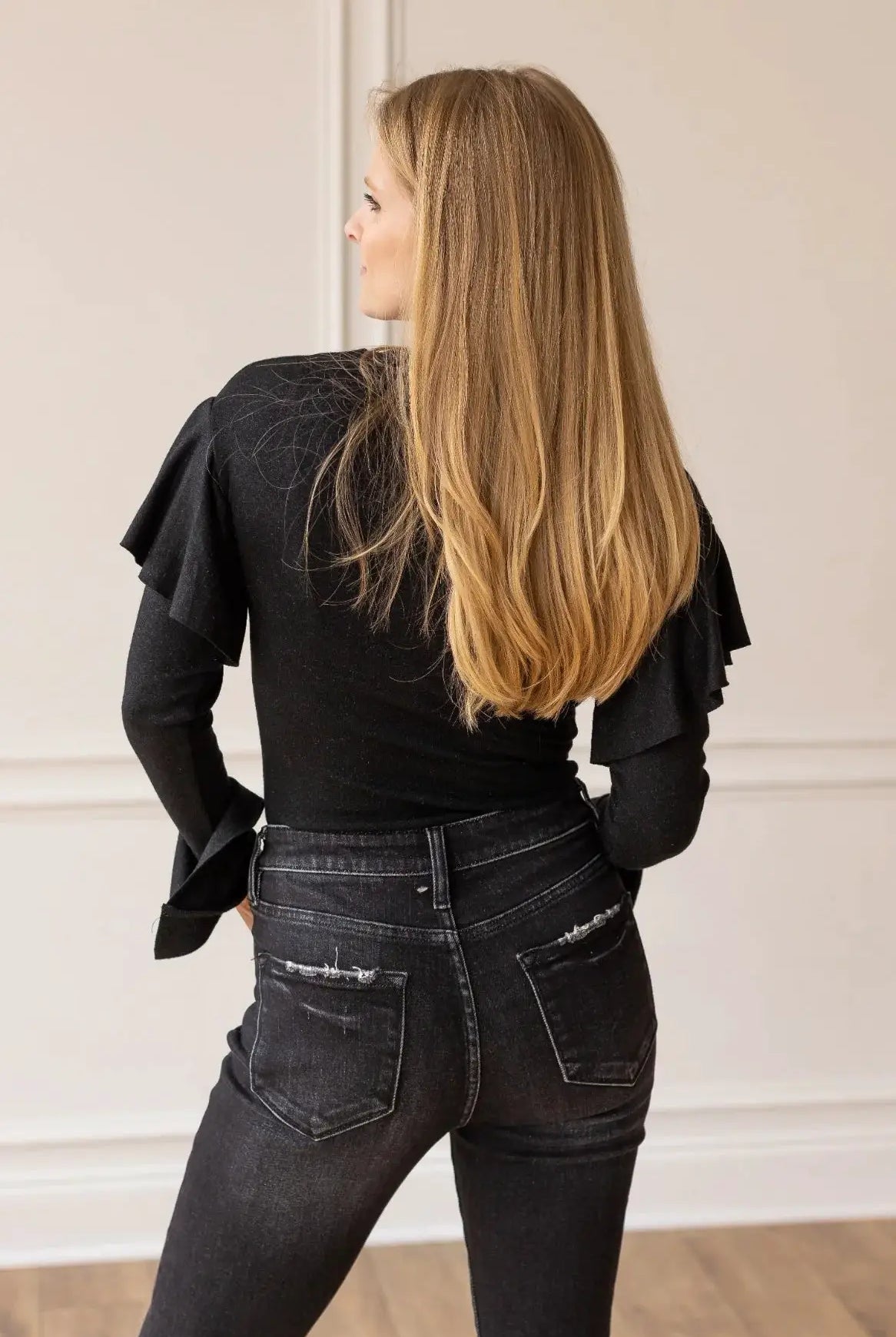 Grace & Emma Black Shimmer Bodysuit with Ruffle Shoulder Sleeve - Bodysuits