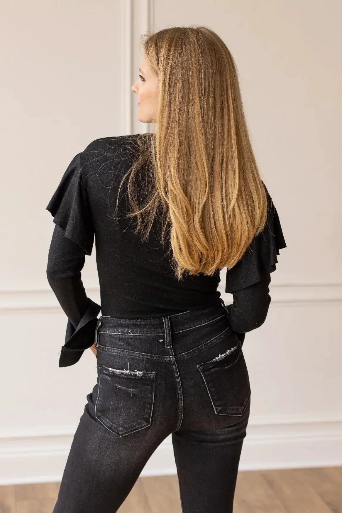 Grace & Emma Black Shimmer Bodysuit with Ruffle Shoulder Sleeve - Bodysuits