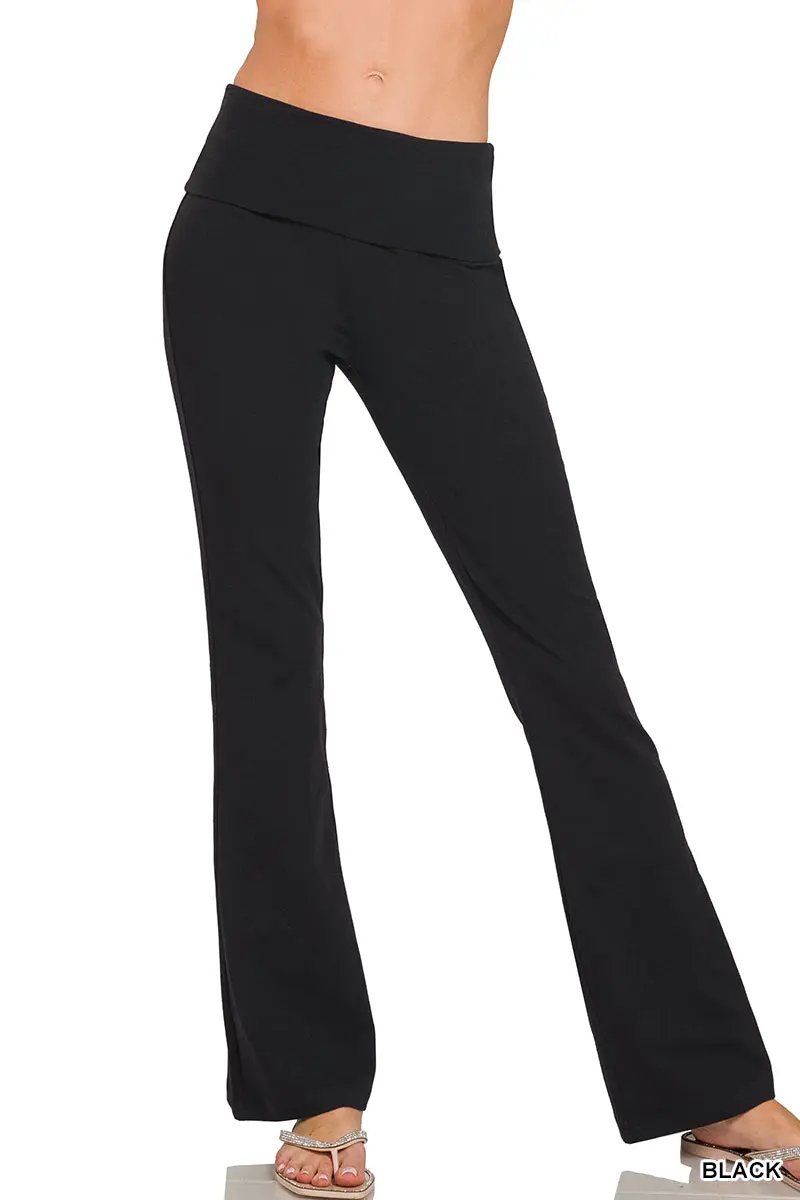 Zenana Premium Cotton Fold Over Flare Leg Yoga Pants - Activewear Pants Premium Cotton Fold Over Flare Leg Yoga Flare Pants