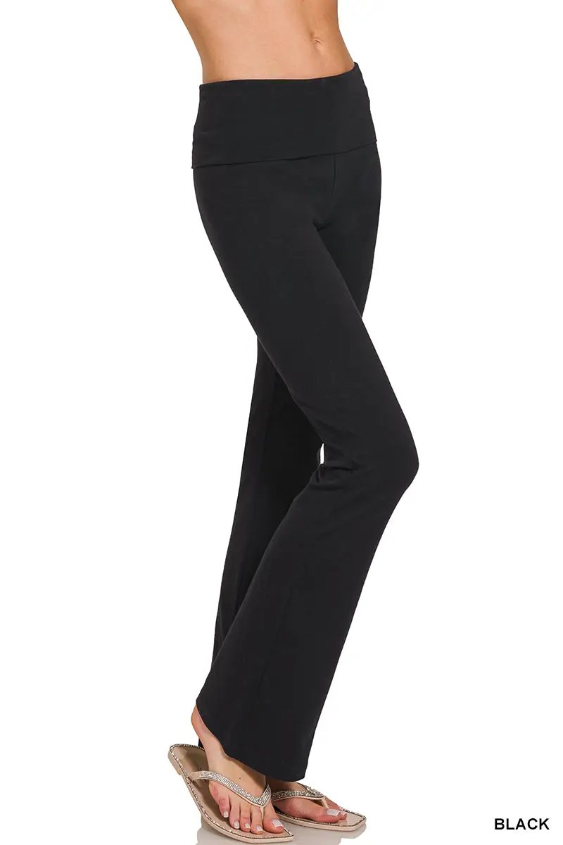 Zenana Premium Cotton Fold Over Flare Leg Yoga Pants - Activewear Pants Premium Cotton Fold Over Flare Leg Yoga Flare Pants