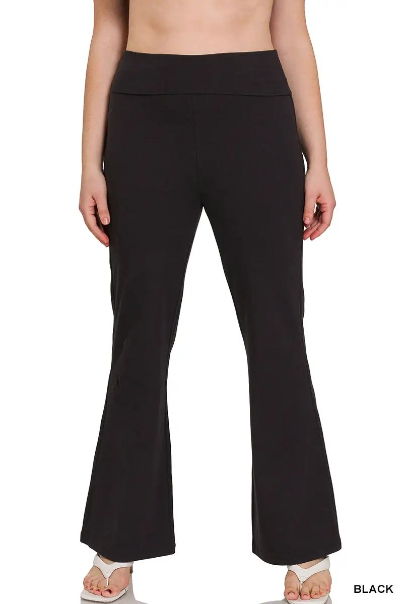 Zenana Zenana Plus Premium Cotton Fold Over Yoga Flare Pants - Activewear Pants Zenana Plus Premium Cotton Fold Over Yoga Flare Pants