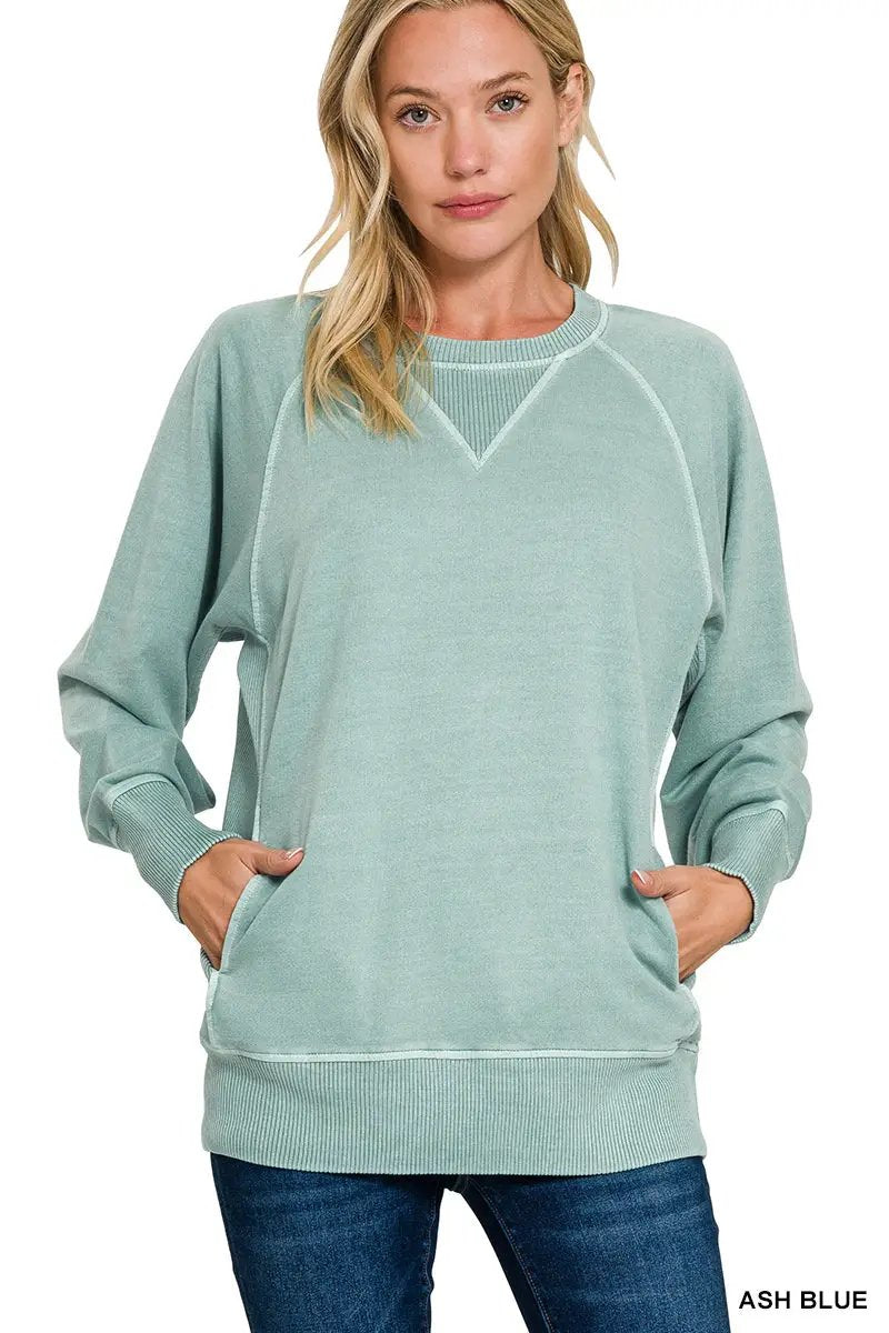 Zenana Zenana Pigment Dyed French Terry Pullover with Pockets - Sweatshirts