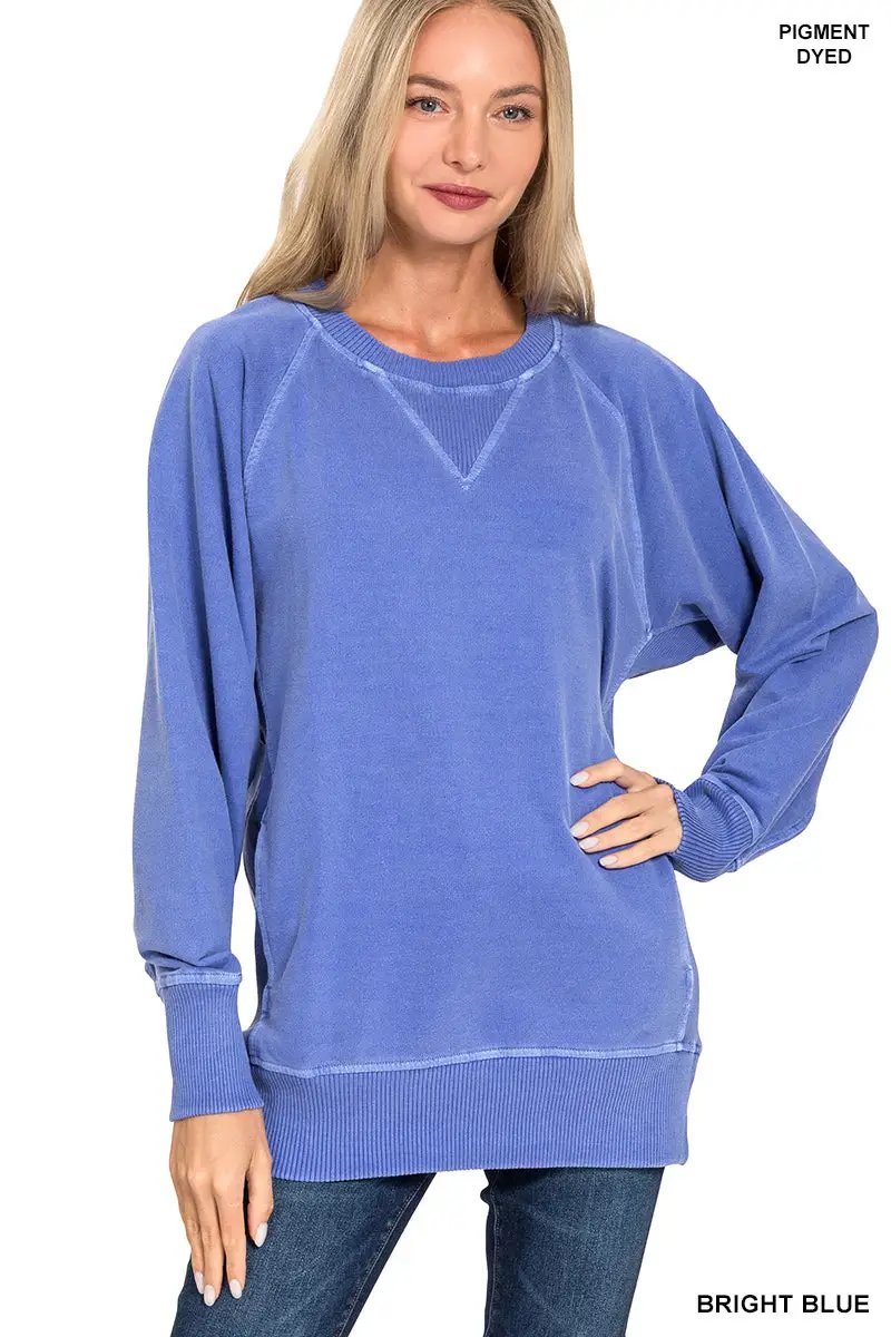 Zenana Zenana Pigment Dyed French Terry Pullover with Pockets - Sweatshirts