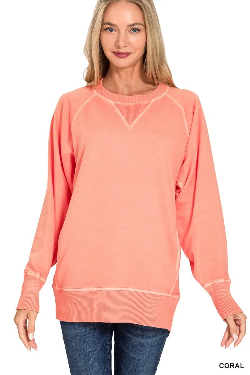 Zenana Zenana Pigment Dyed French Terry Pullover with Pockets - Sweatshirts