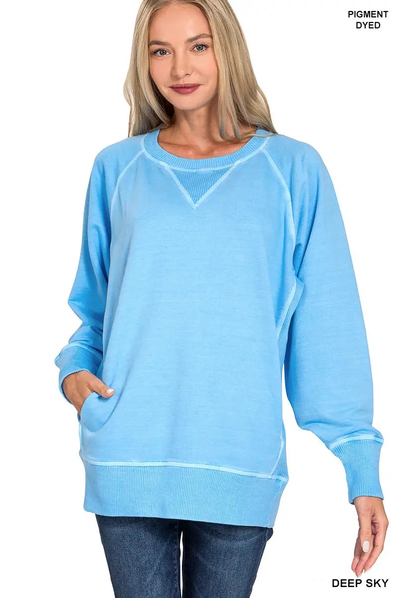 Zenana Zenana Pigment Dyed French Terry Pullover with Pockets - Sweatshirts