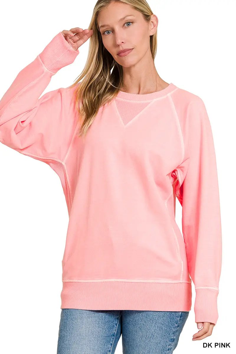 Zenana Zenana Pigment Dyed French Terry Pullover with Pockets - Sweatshirts