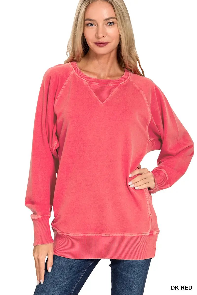 Zenana Zenana Pigment Dyed French Terry Pullover with Pockets - Sweatshirts