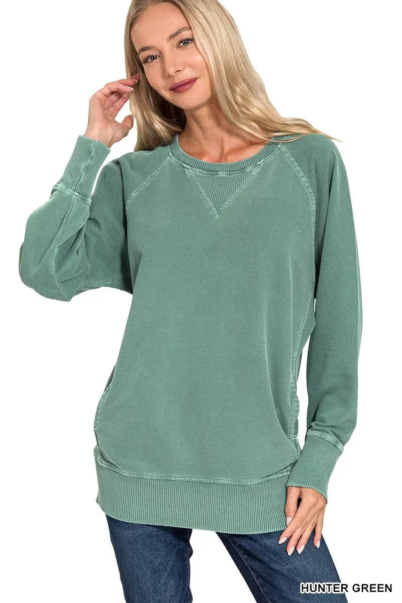 Zenana Zenana Pigment Dyed French Terry Pullover with Pockets - Sweatshirts