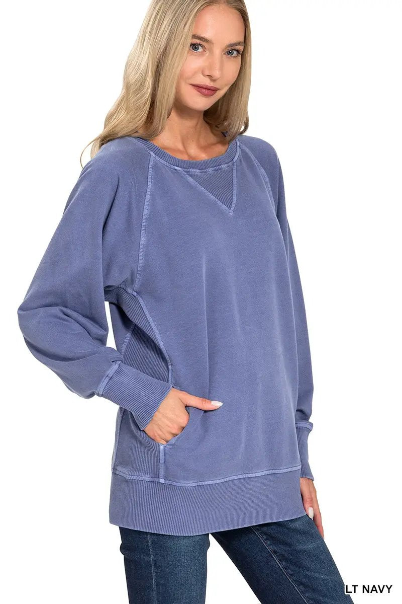 Zenana Zenana Pigment Dyed French Terry Pullover with Pockets - Sweatshirts