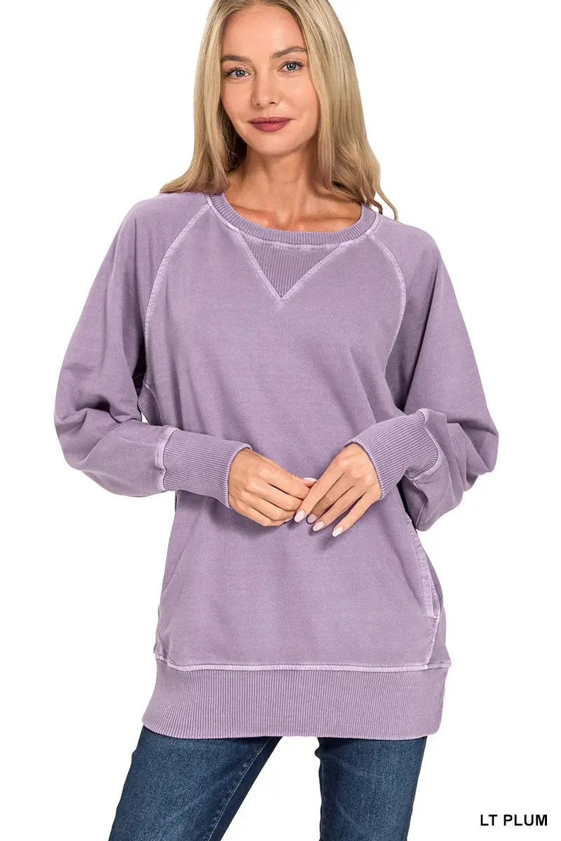Zenana Zenana Pigment Dyed French Terry Pullover with Pockets - Sweatshirts