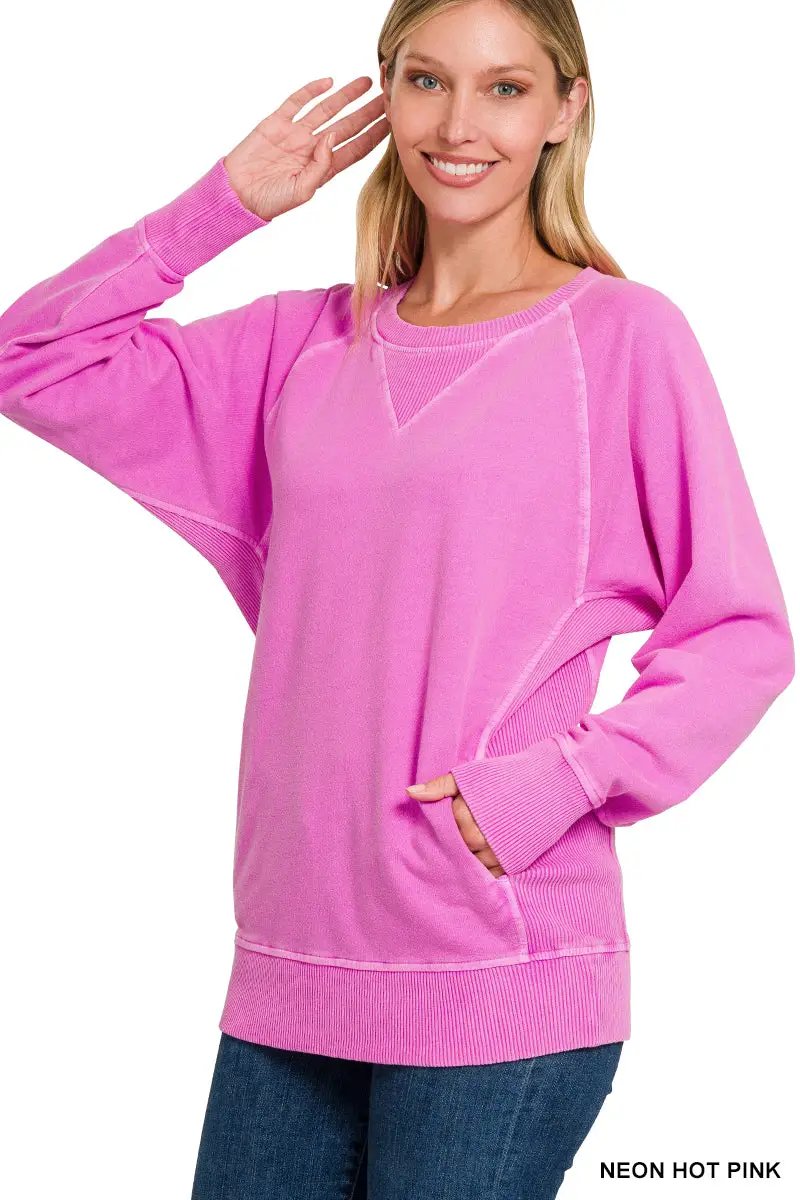 Zenana Zenana Pigment Dyed French Terry Pullover with Pockets - Sweatshirts