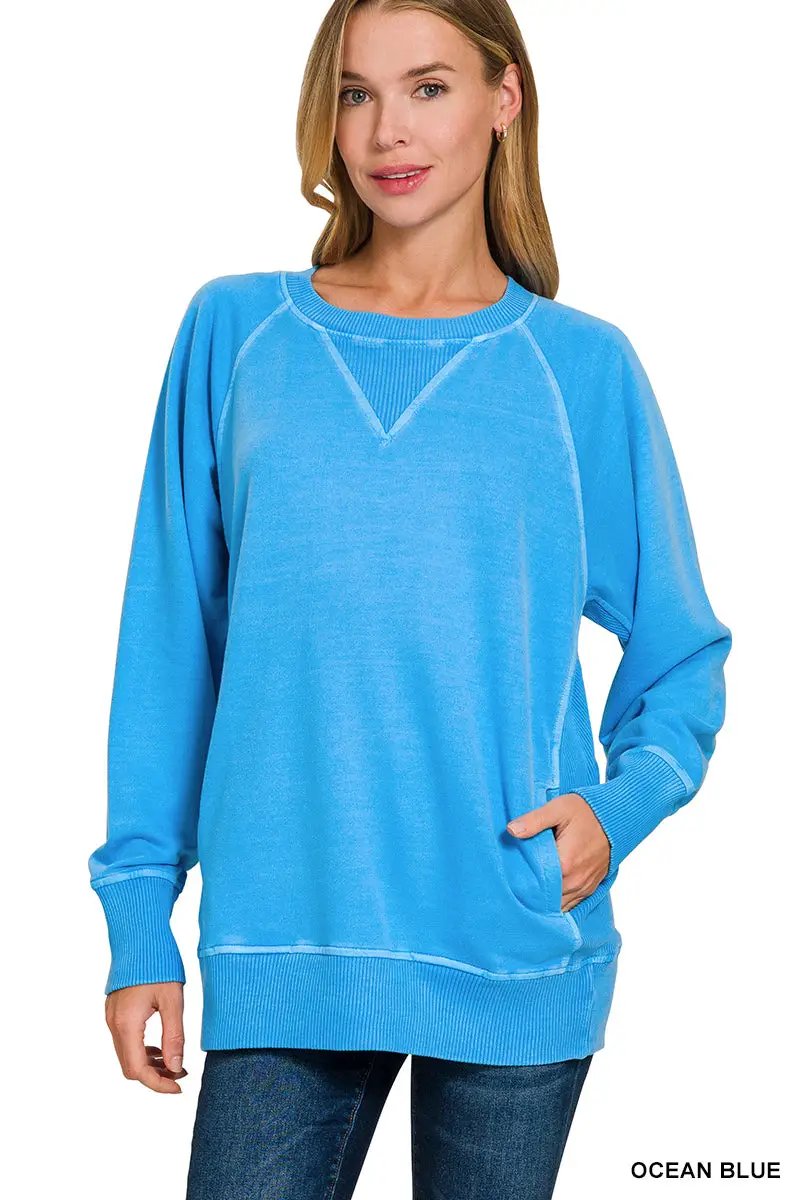 Zenana Zenana Pigment Dyed French Terry Pullover with Pockets - Sweatshirts