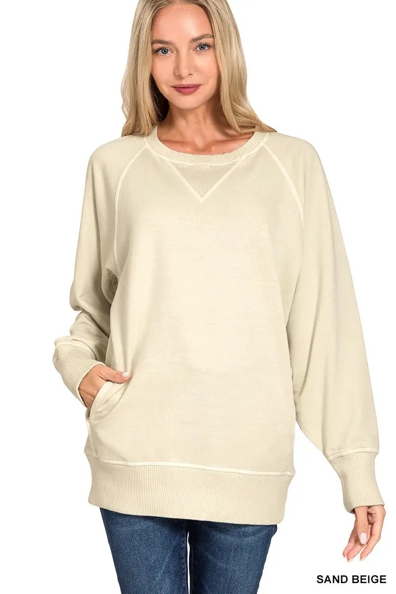 Zenana Zenana Pigment Dyed French Terry Pullover with Pockets - Sweatshirts