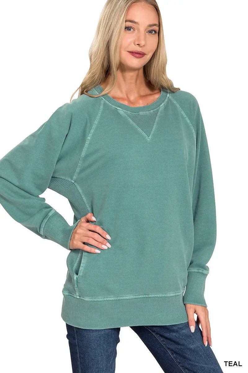 Zenana Zenana Pigment Dyed French Terry Pullover with Pockets - Sweatshirts