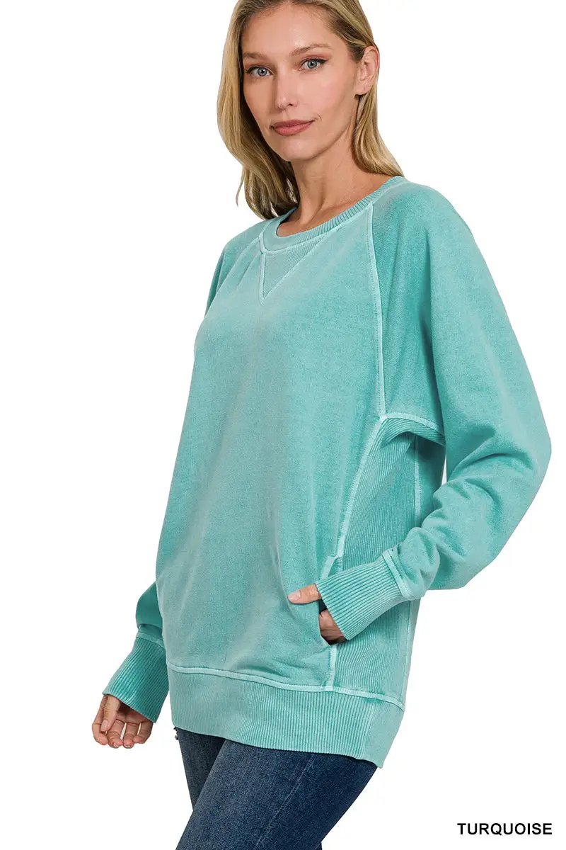 Zenana Zenana Pigment Dyed French Terry Pullover with Pockets - Sweatshirts