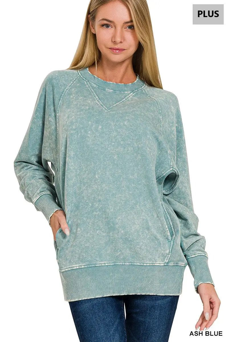 Zenana Zenana Plus Acid Washed French Terry Pullover with Pockets - Sweatshirts Zenana Plus Acid Washed French Terry Pullover with Pockets