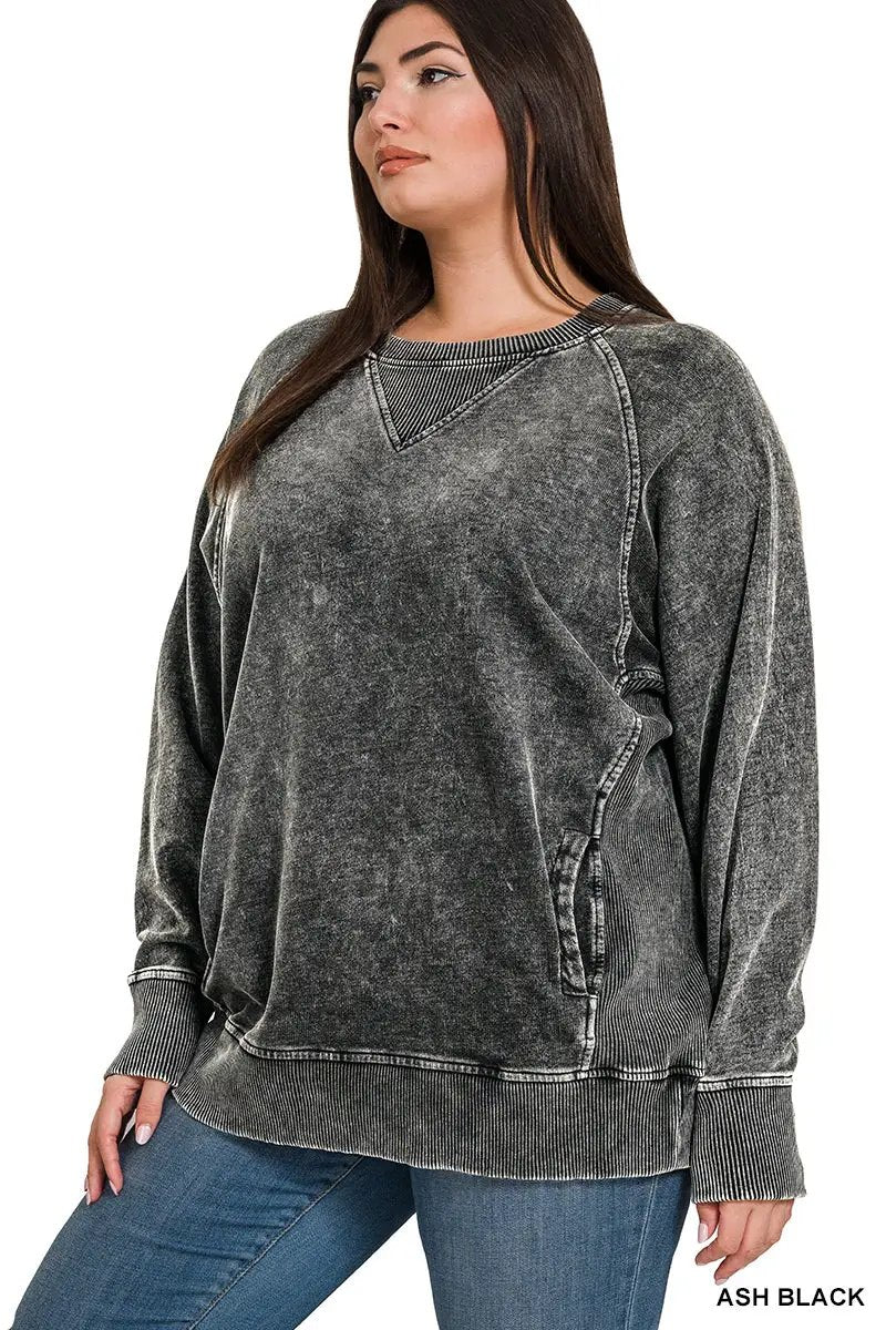 Zenana Zenana Plus Acid Washed French Terry Pullover with Pockets - Sweatshirts Zenana Plus Acid Washed French Terry Pullover with Pockets