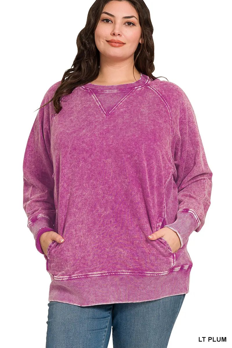 Zenana Zenana Plus Acid Washed French Terry Pullover with Pockets - Sweatshirts Zenana Plus Acid Washed French Terry Pullover with Pockets
