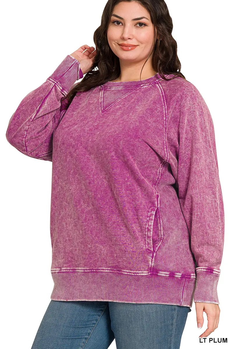 Zenana Zenana Plus Acid Washed French Terry Pullover with Pockets - Sweatshirts Zenana Plus Acid Washed French Terry Pullover with Pockets